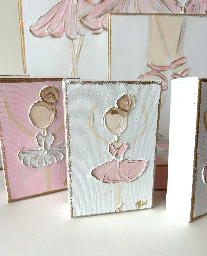 Coddiwomple - Ballerina canvas hand painted textured recital dance ballet: White back & pink dress / 4x6 gallery profile canvas / Light skin & lt. brown hair