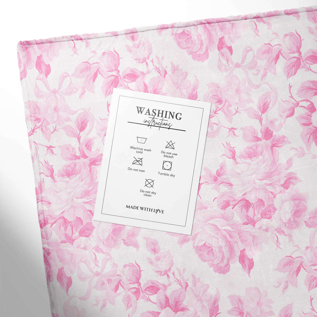 Boutique Monogram - Fancy Love Pink and Blue Roses Collection Throw Blanket: Pink Roses / Sherpa White / Large 50"x60"