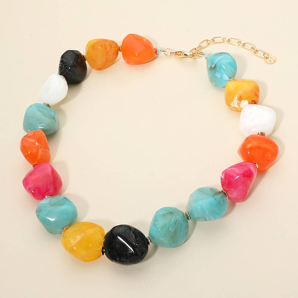 Sensibling Corp. - Chunky Marbled Resin Pebble Beaded Statement Necklace: Pink