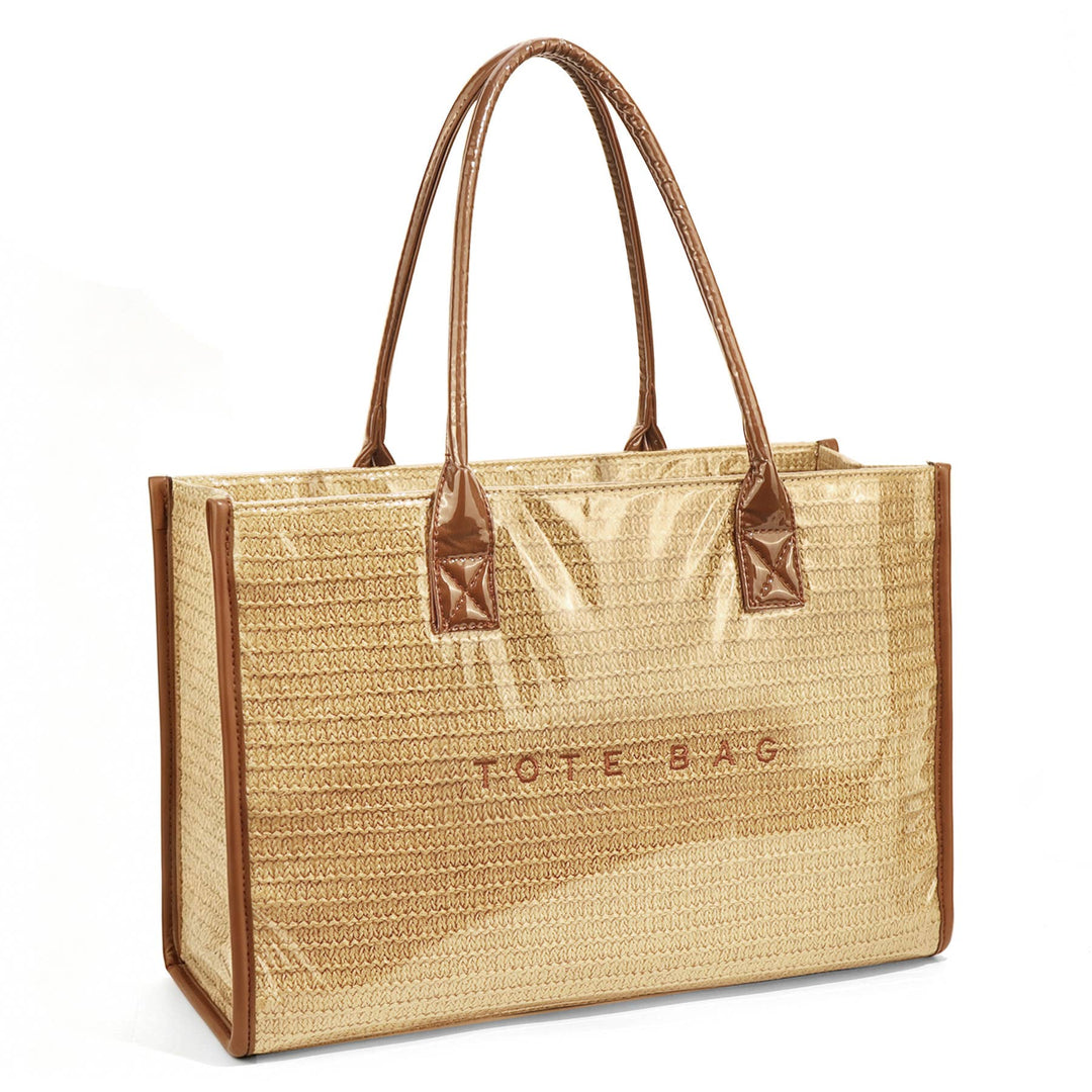 MKS America - PVC Straw Print Tote Bag Zip Waterproof Beach Bag: Brown / M