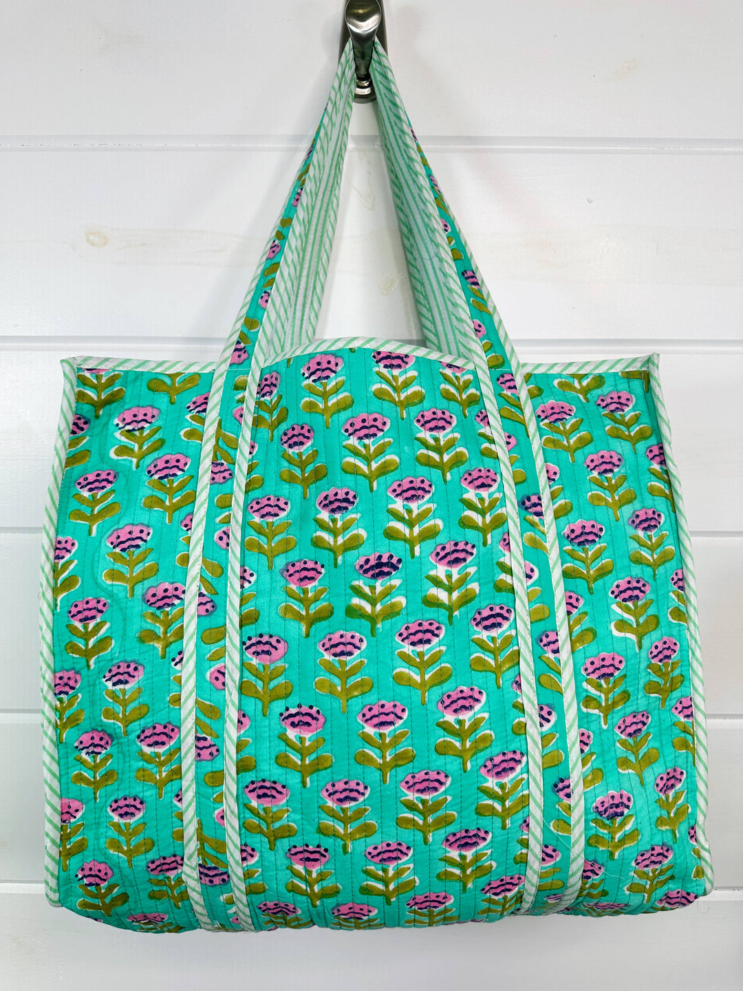 Folklore Couture - Quilted Tote Bag | Aqua Floral Bag | Large Shopping Tote Bag