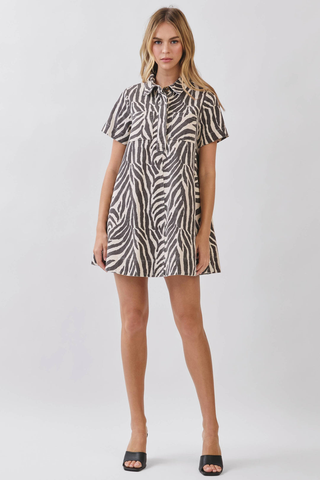 Zebra Print Button Down Collared Mini Dress: CREAM / S