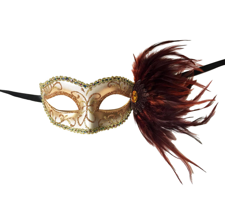 Mardi Gras Creations - Glitter Swirl Eyelet Mask With Side Feathers: Turquoise