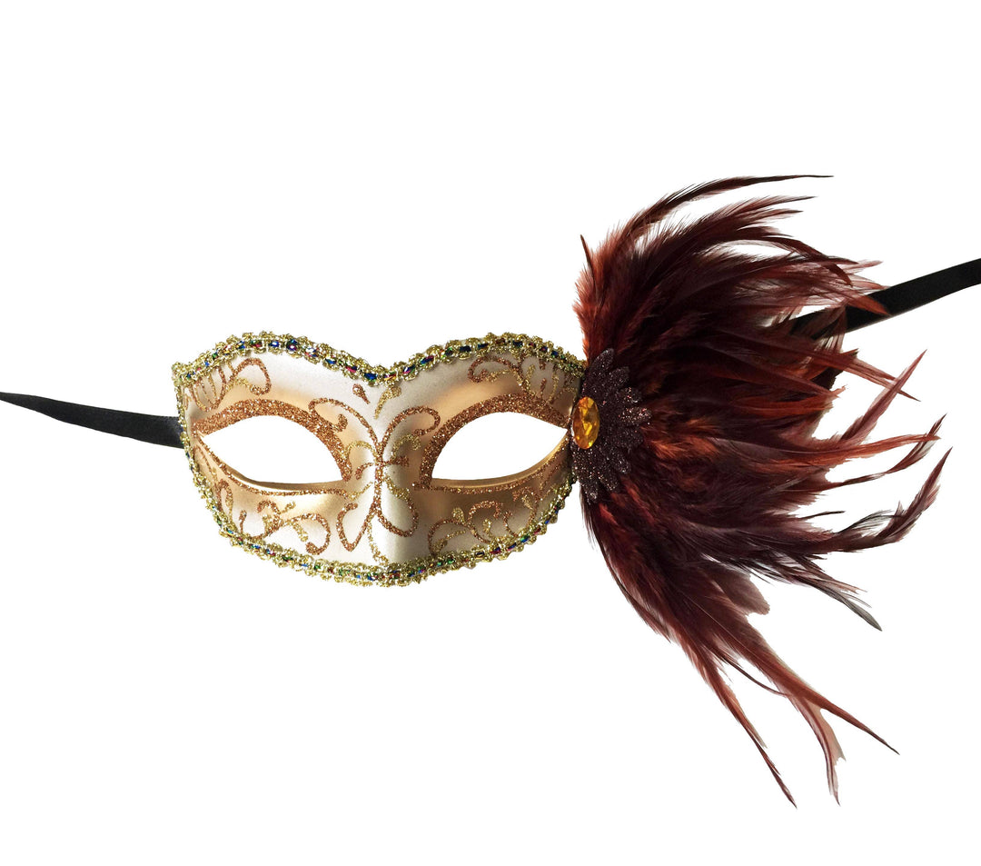 Mardi Gras Creations - Glitter Swirl Eyelet Mask With Side Feathers: Red