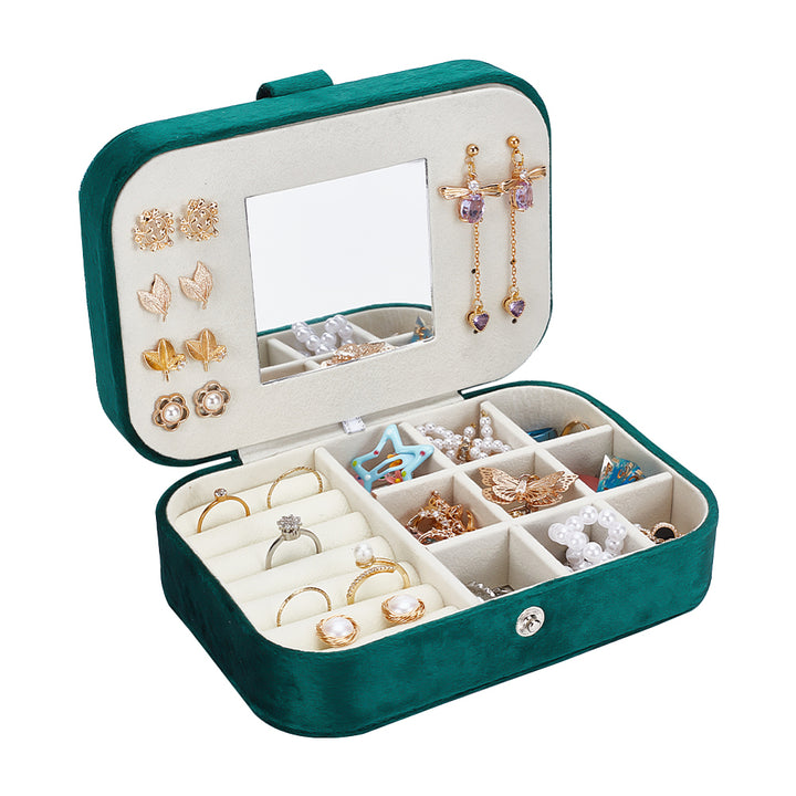 Rectangle Velvet Jewelry Set Box, Jewelry Organizer Case with Mirror, for Earring, Ring, Bracelet Storage, Dark Green