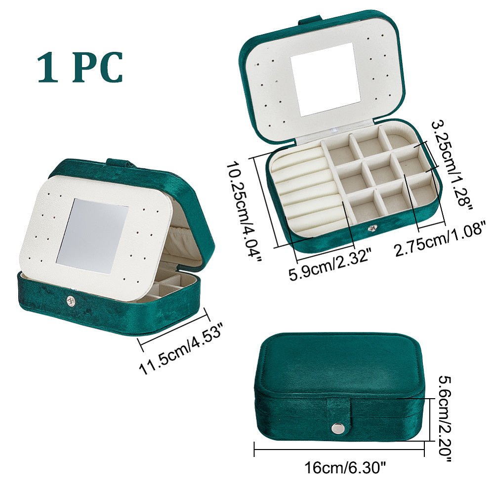 Rectangle Velvet Jewelry Set Box, Jewelry Organizer Case with Mirror, for Earring, Ring, Bracelet Storage, Dark Green