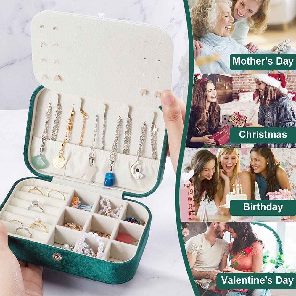 Rectangle Velvet Jewelry Set Box, Jewelry Organizer Case with Mirror, for Earring, Ring, Bracelet Storage, Dark Green