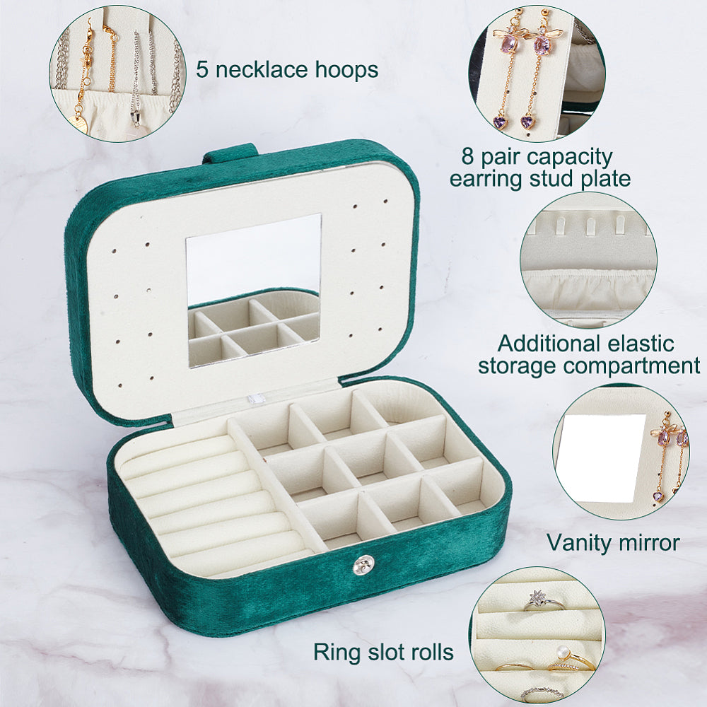 Rectangle Velvet Jewelry Set Box, Jewelry Organizer Case with Mirror, for Earring, Ring, Bracelet Storage, Dark Green