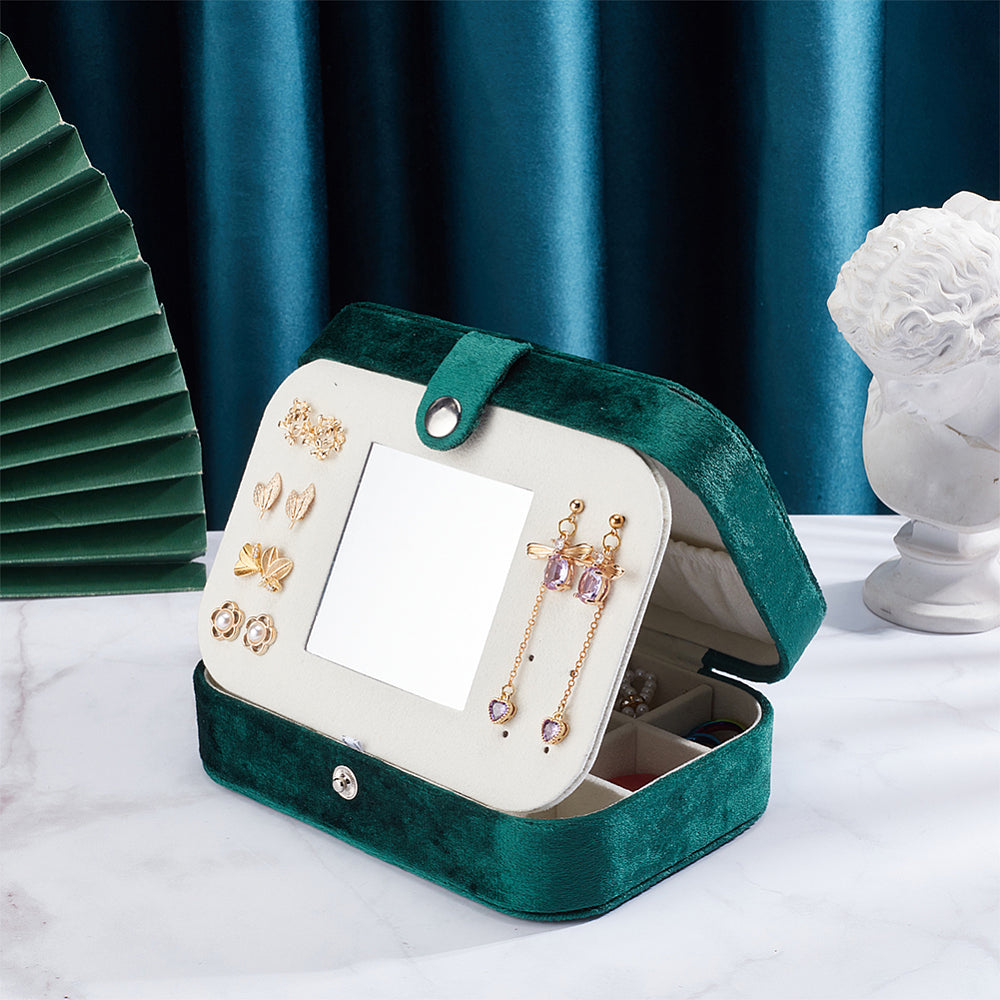 Rectangle Velvet Jewelry Set Box, Jewelry Organizer Case with Mirror, for Earring, Ring, Bracelet Storage, Dark Green