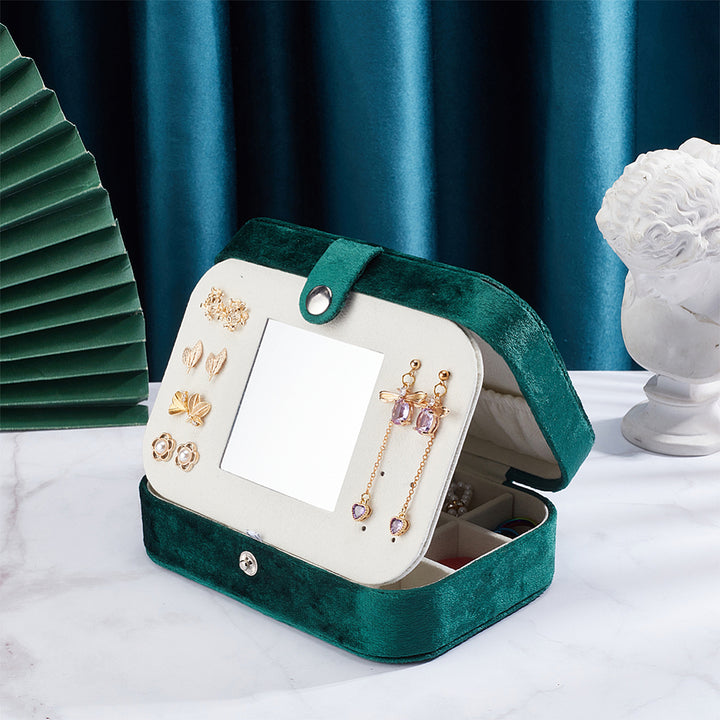Rectangle Velvet Jewelry Set Box, Jewelry Organizer Case with Mirror, for Earring, Ring, Bracelet Storage, Dark Green