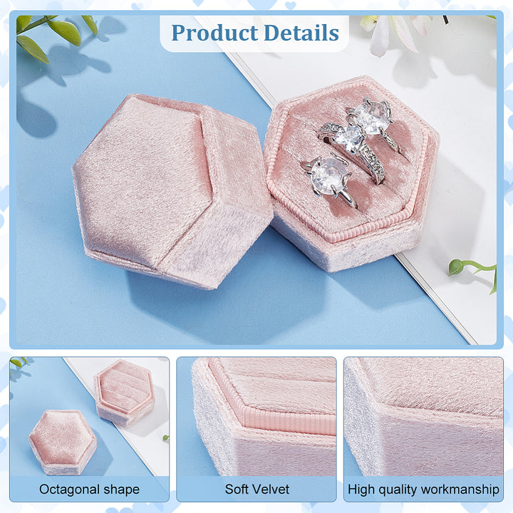 3-Slot Hexagonal Velvet Ring Boxes, Jewelry Gift Boxes for Rings, Stud Earrings Storage