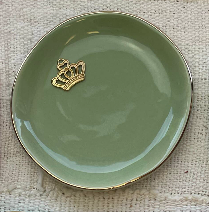 Michelle Allen Designs - Gold accent jewelry dish: Green / Round / Crown