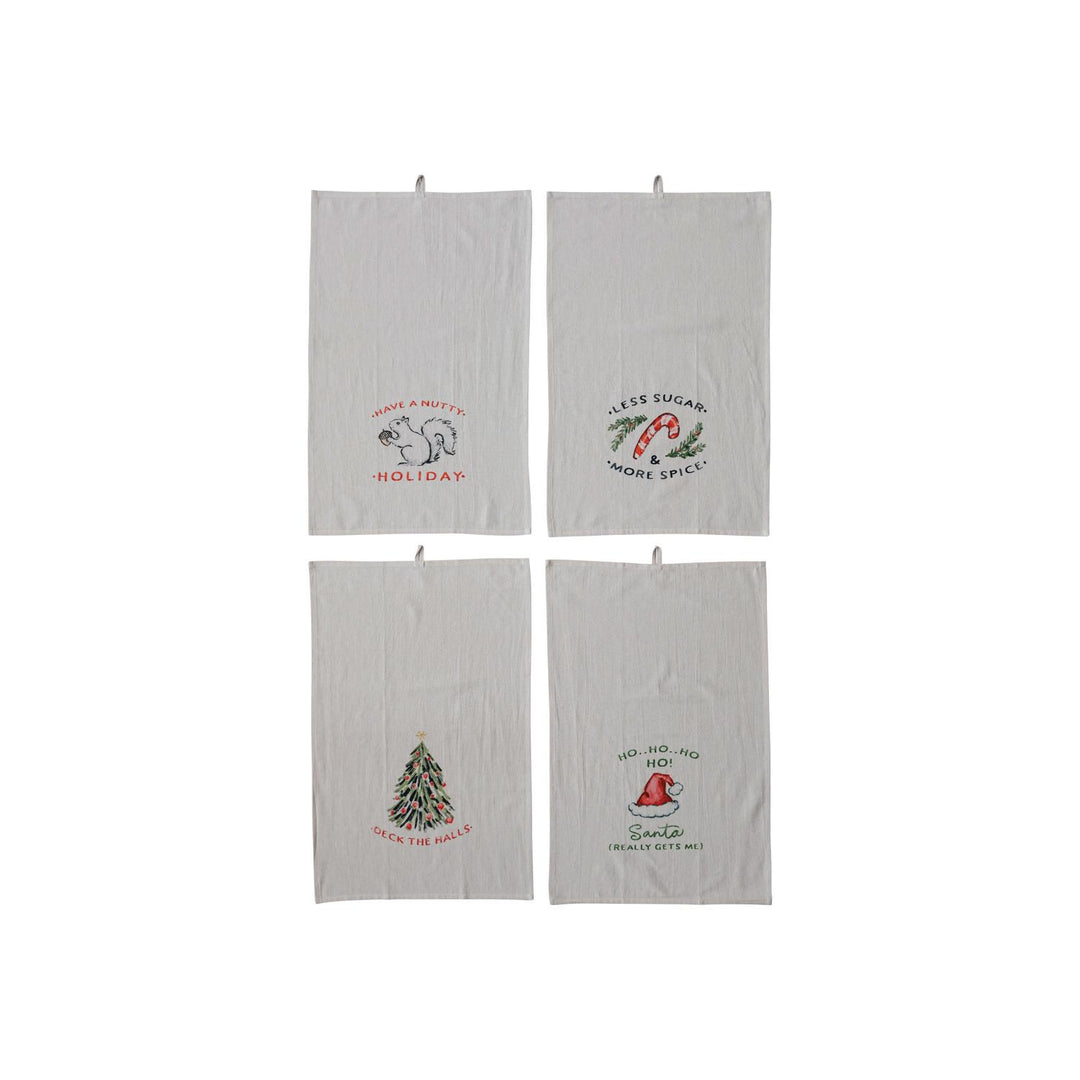 Cotton Printed Tea Towel w/ Holiday Saying, Image & Loop, 4 Styles e