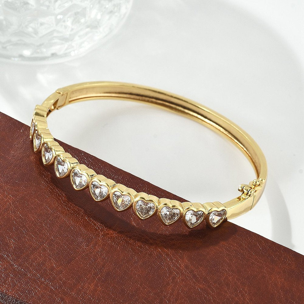 Brass Micro Pave Clear Cubic Zirconia Hinged Bangles for Women, Heart, Cadmium Free & Lead Free, Rack Plating, Long-Lasting Plated, Real 18K Gold Plated