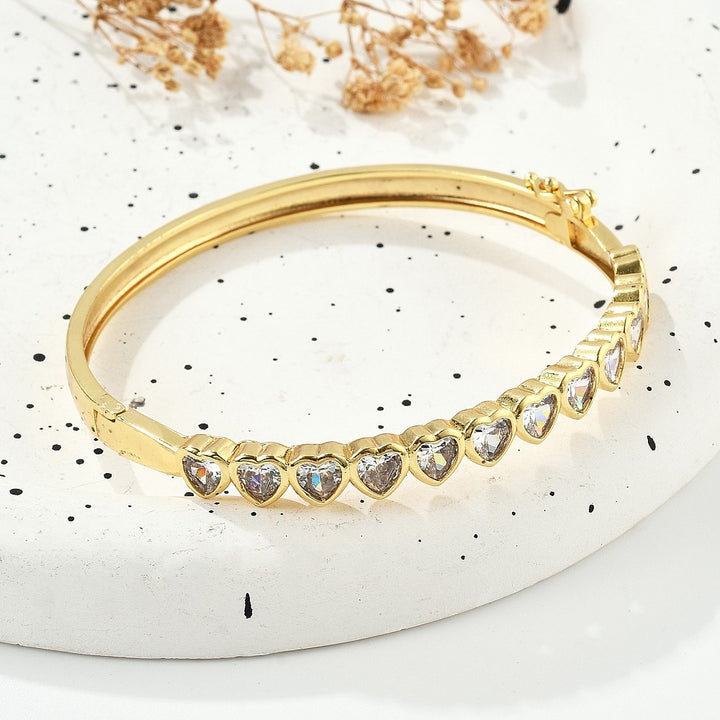 Brass Micro Pave Clear Cubic Zirconia Hinged Bangles for Women, Heart, Cadmium Free & Lead Free, Rack Plating, Long-Lasting Plated, Real 18K Gold Plated
