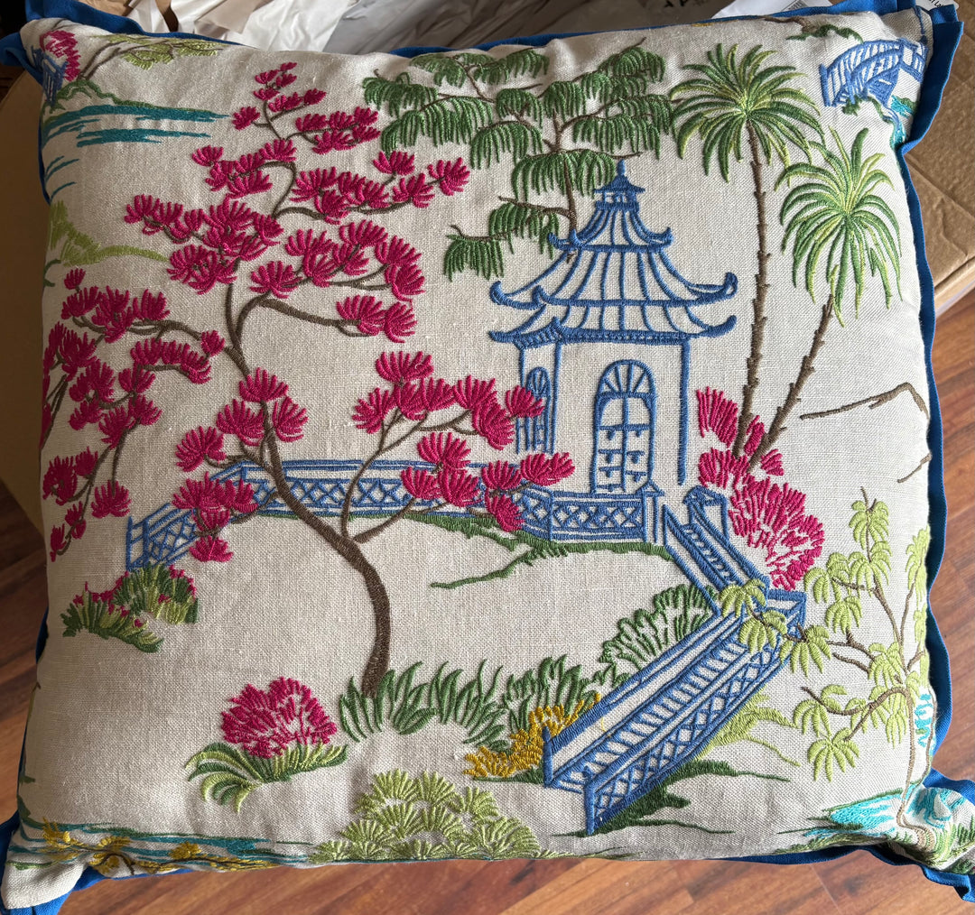 Blue Trim Linen Asian Inspired Pillow