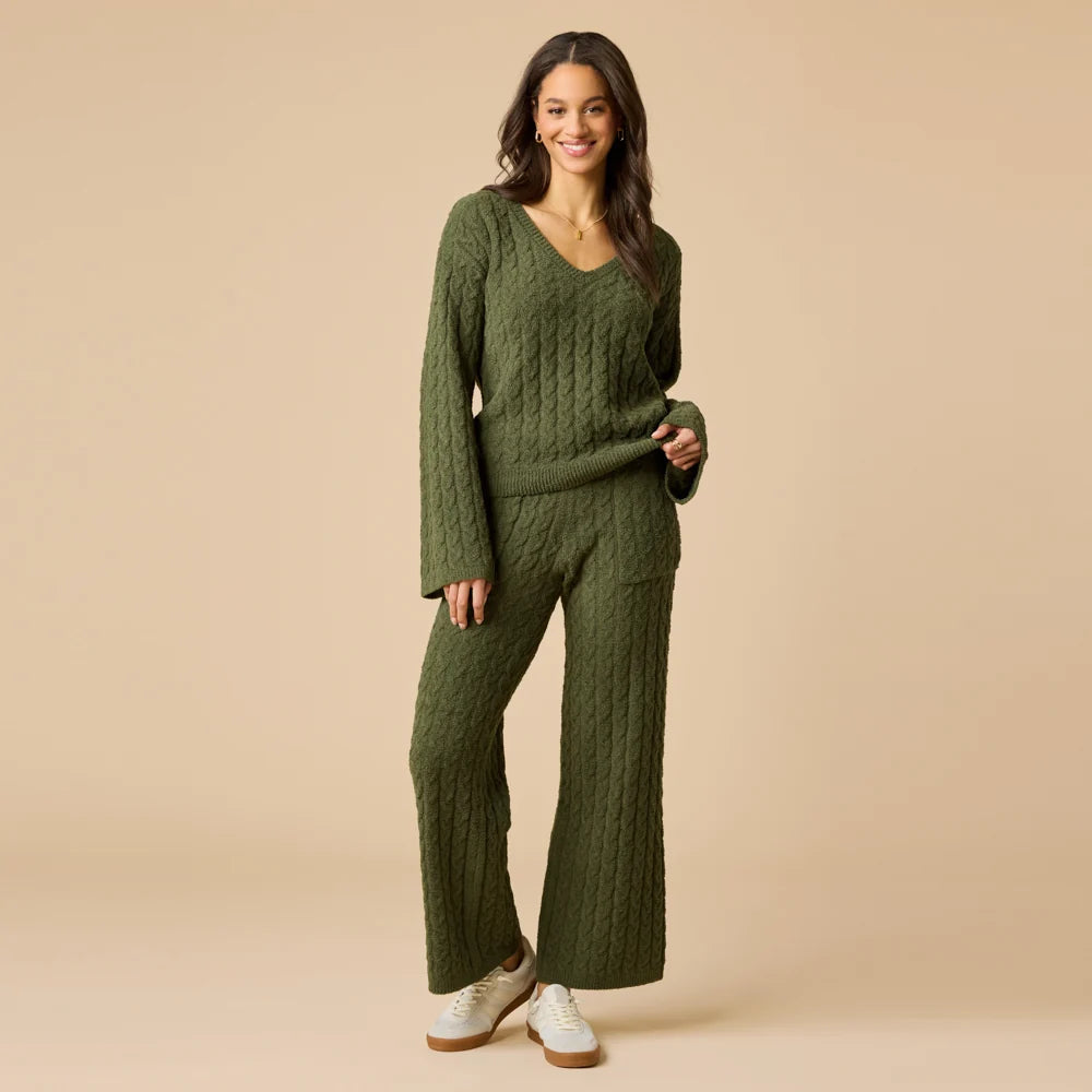 Cable Knit Marshmallow V-Neck with Flared Sleeve and Pant