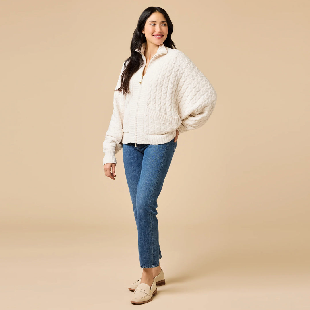 Cable Knit Marshmallow Funnel Neck Double Zip Jacket