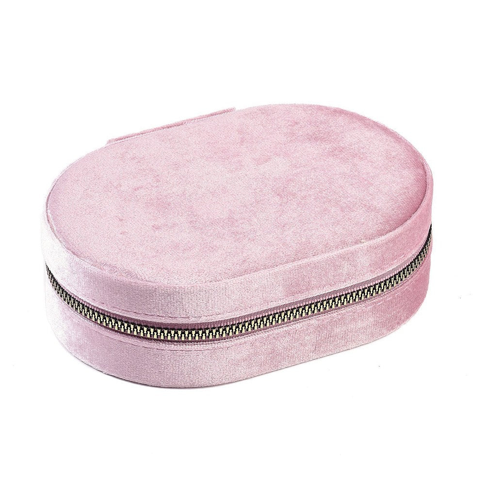 Italian Velvet Double Layers Jewelry Set Storage Zipper Boxes, Oval Jewelry Organizer Case for Earrings, Rings, Bracelets