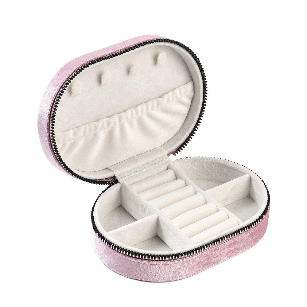 Italian Velvet Double Layers Jewelry Set Storage Zipper Boxes, Oval Jewelry Organizer Case for Earrings, Rings, Bracelets