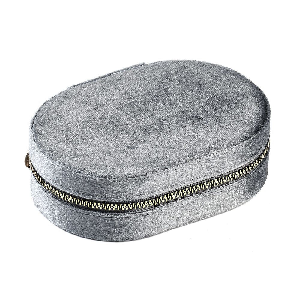 Italian Velvet Double Layers Jewelry Set Storage Zipper Boxes, Oval Jewelry Organizer Case for Earrings, Rings, Bracelets
