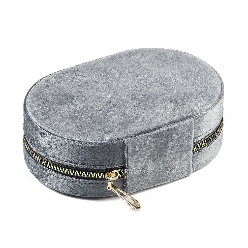 Italian Velvet Double Layers Jewelry Set Storage Zipper Boxes, Oval Jewelry Organizer Case for Earrings, Rings, Bracelets
