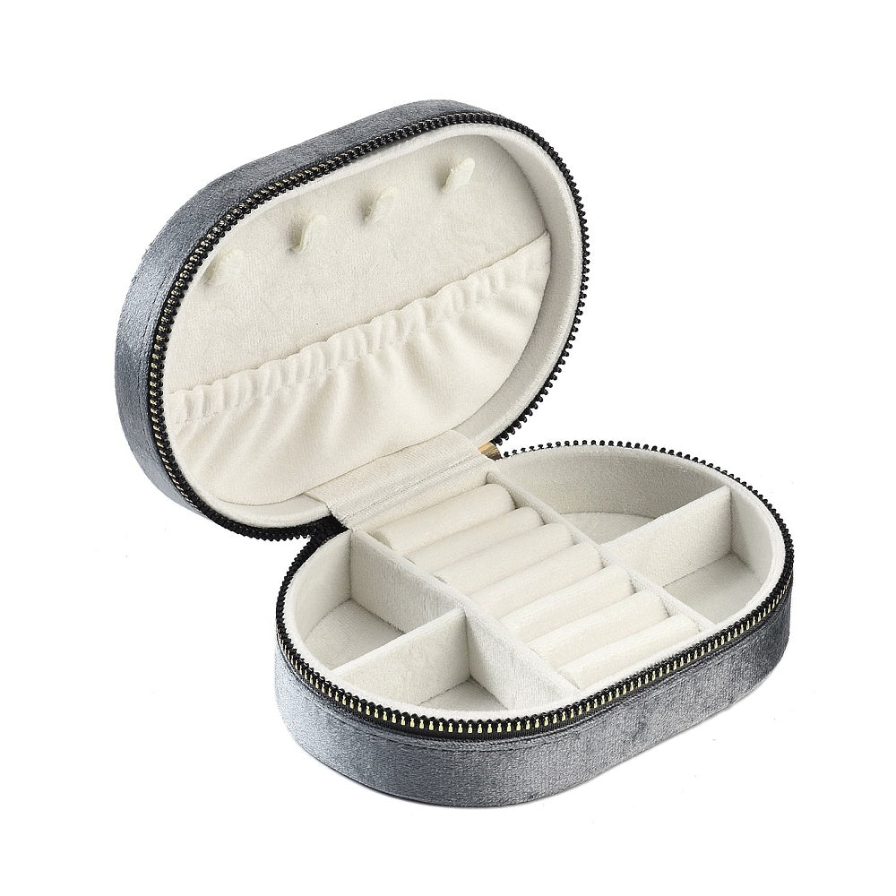Italian Velvet Double Layers Jewelry Set Storage Zipper Boxes, Oval Jewelry Organizer Case for Earrings, Rings, Bracelets