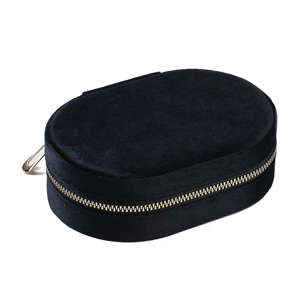 Italian Velvet Double Layers Jewelry Set Storage Zipper Boxes, Oval Jewelry Organizer Case for Earrings, Rings, Bracelets