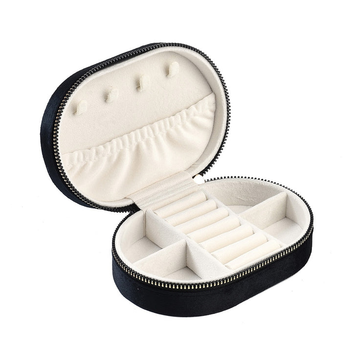 Italian Velvet Double Layers Jewelry Set Storage Zipper Boxes, Oval Jewelry Organizer Case for Earrings, Rings, Bracelets