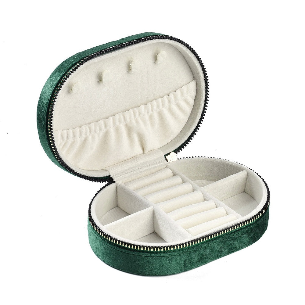 Italian Velvet Double Layers Jewelry Set Storage Zipper Boxes, Oval Jewelry Organizer Case for Earrings, Rings, Bracelets
