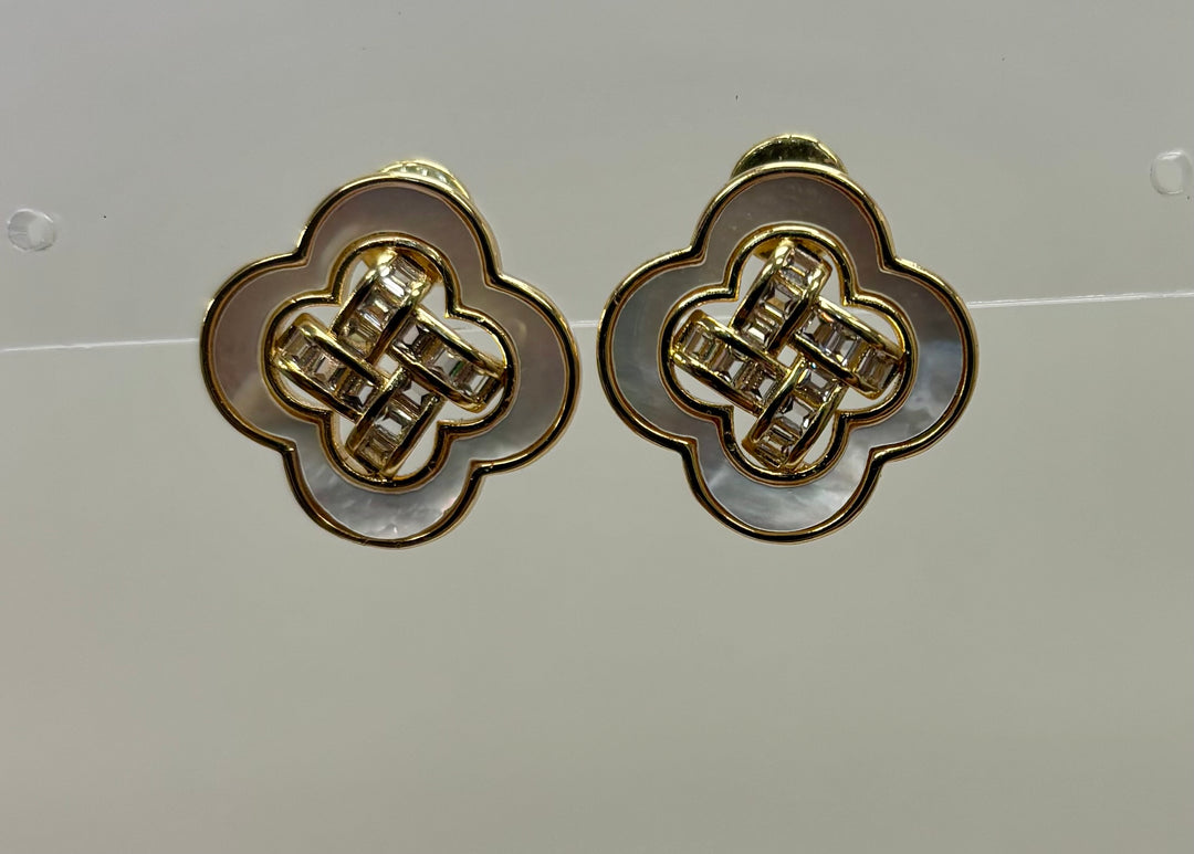 Mother of Pearl Inlay Quatrefoil with Baguette CZ Woven Center Earring