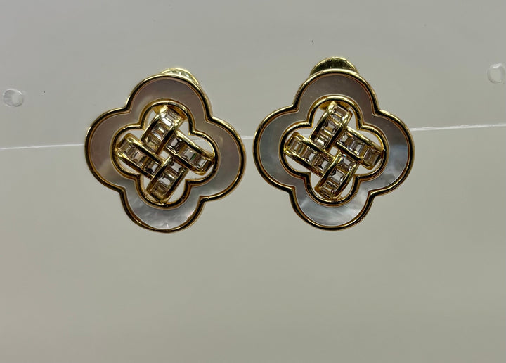 Mother of Pearl Inlay Quatrefoil with Baguette CZ Woven Center Earring