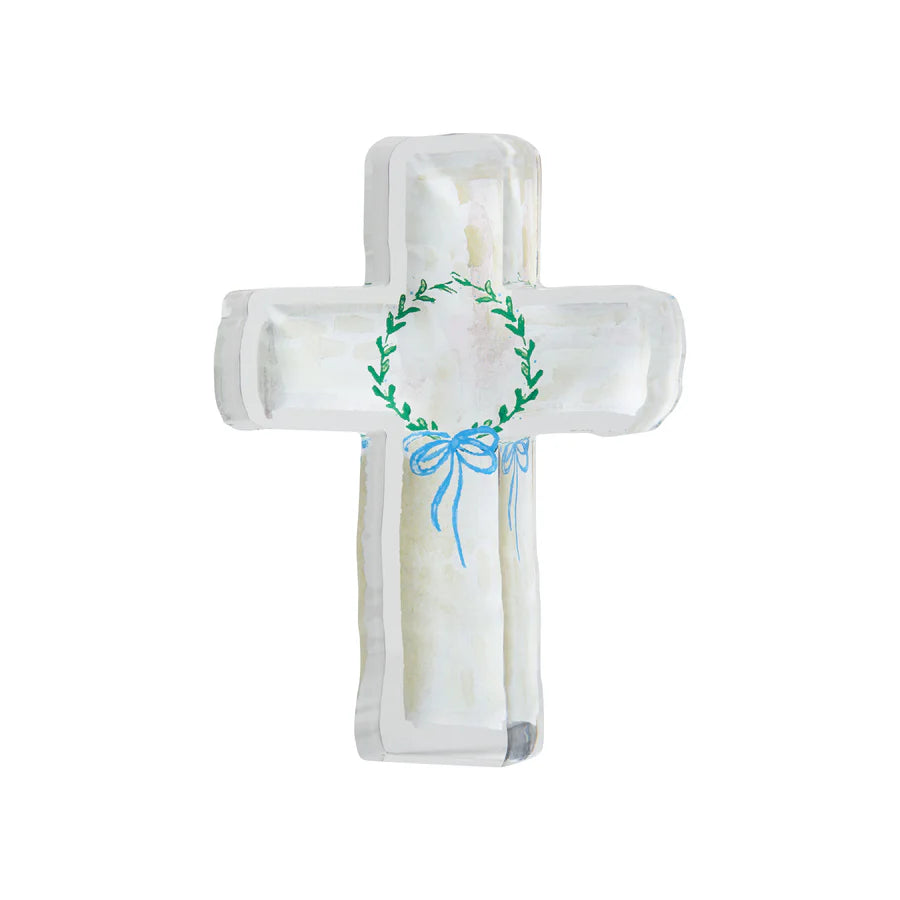 Acrylic Cross with blue bow 6x4.5x1.25"