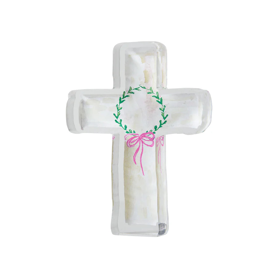 Acrylic Cross with pink bow 6x4.5x1.25"