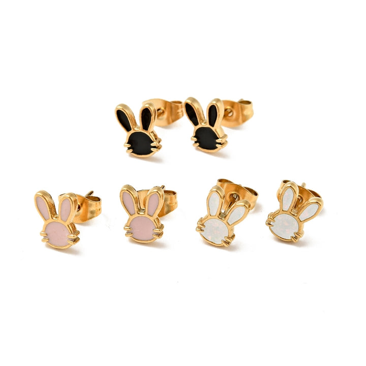 Kennedy Collective Ion Plating(IP) Enamel Bunny Easter Stud Earrings with 316 Surgical Stainless Steel Pins, Gold Plated 304 Stainless Steel Jewelry for Women, Mixed Color, 8.5x6.5mm, Pin: 0.8mm