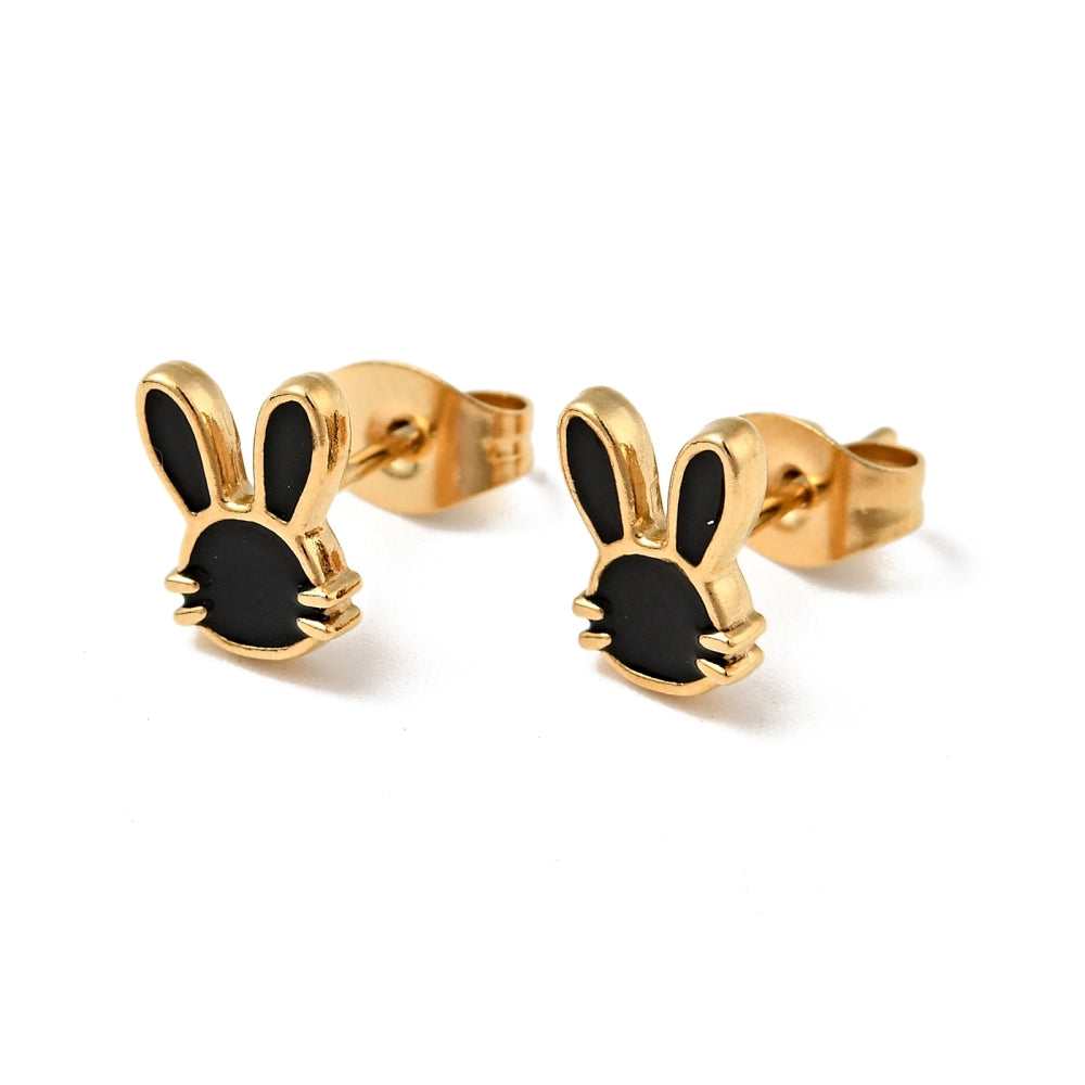 Kennedy Collective Ion Plating(IP) Enamel Bunny Easter Stud Earrings with 316 Surgical Stainless Steel Pins, Gold Plated 304 Stainless Steel Jewelry for Women, Mixed Color, 8.5x6.5mm, Pin: 0.8mm