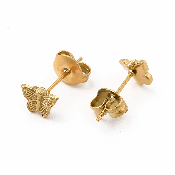 304 Stainless Steel Butterfly Stud Earrings for Women, Real 18K Gold Plated, 6x7mm, Pin: 0.7