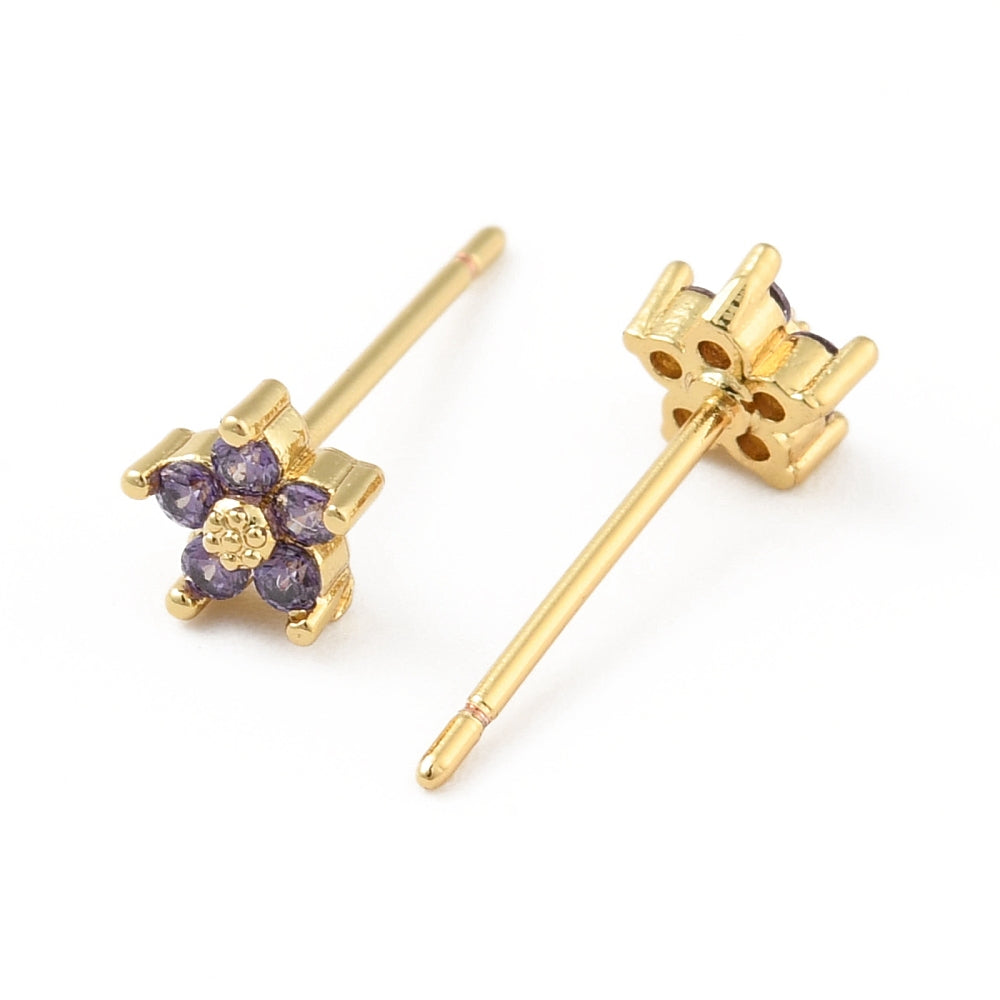 Cubic Zirconia Flower Stud Earrings, Real 18K Gold Plated Brass Jewelry for Women, Cadmium Free & Lead Free, Clear, 15x5x5mm, Pin: 0.7mm
