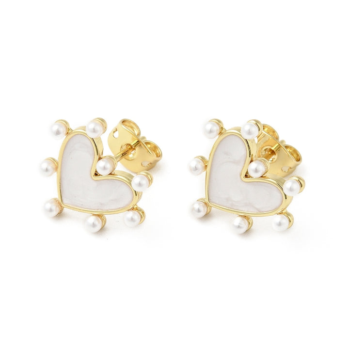 Brass Enamel Stud Earrings for Women, with Acrylic Beads and Ear Nuts, Cadmium Free & Lead Free, Heart, Real 18K Gold Plated, 14x15mm, Pin: 0.8mm