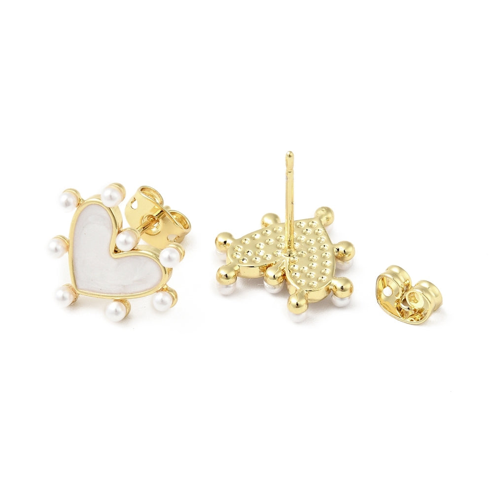 Brass Enamel Stud Earrings for Women, with Acrylic Beads and Ear Nuts, Cadmium Free & Lead Free, Heart, Real 18K Gold Plated, 14x15mm, Pin: 0.8mm
