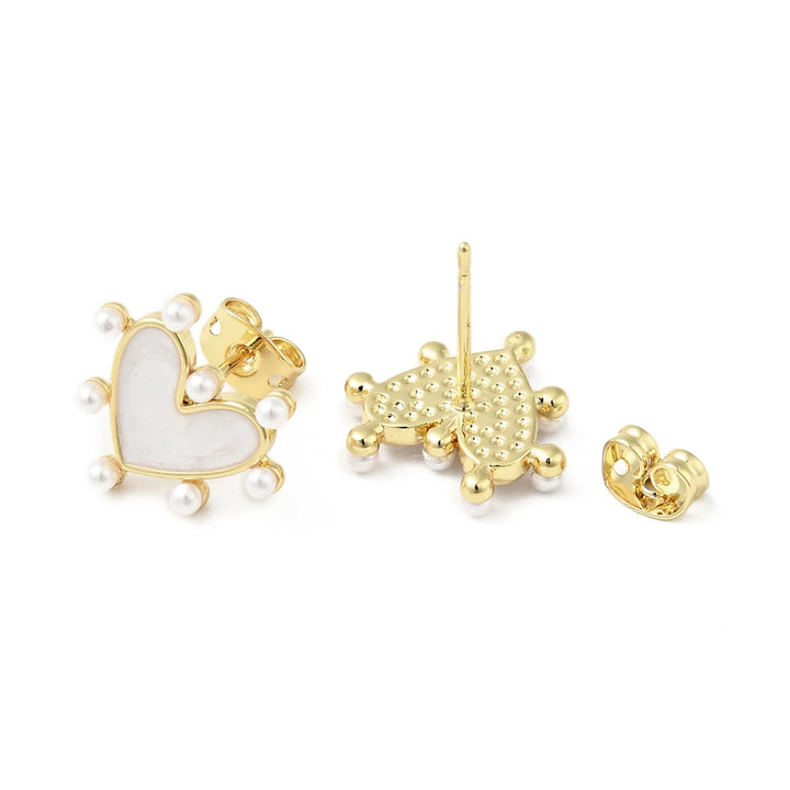 Brass Enamel Stud Earrings for Women, with Acrylic Beads and Ear Nuts, Cadmium Free & Lead Free, Heart, Real 18K Gold Plated, 14x15mm, Pin: 0.8mm