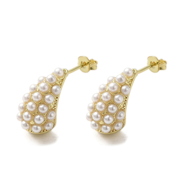 Rack Plating Brass Teardrop Stud Earrings, with Plastic Pearl, Lead Free & Cadmium Free, Long-Lasting Plated, Real 18K Gold Plated, 18x11mm