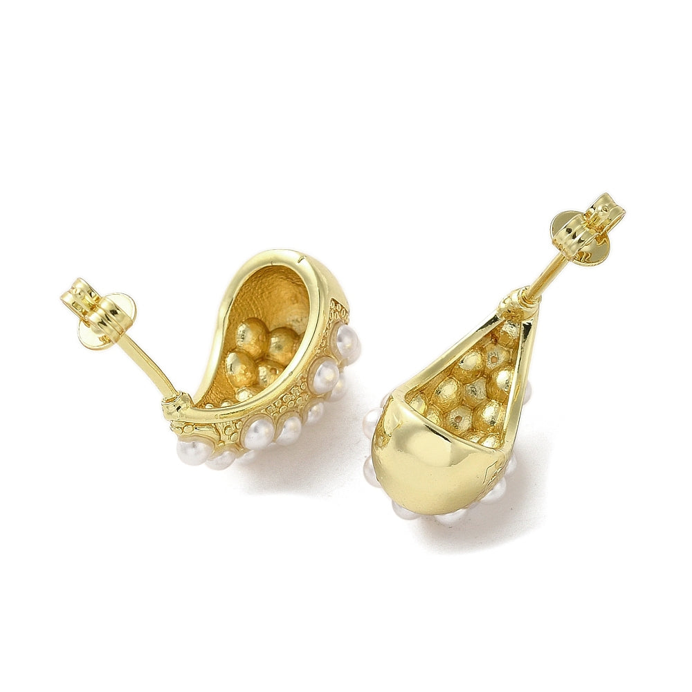 Rack Plating Brass Teardrop Stud Earrings, with Plastic Pearl, Lead Free & Cadmium Free, Long-Lasting Plated, Real 18K Gold Plated, 18x11mm