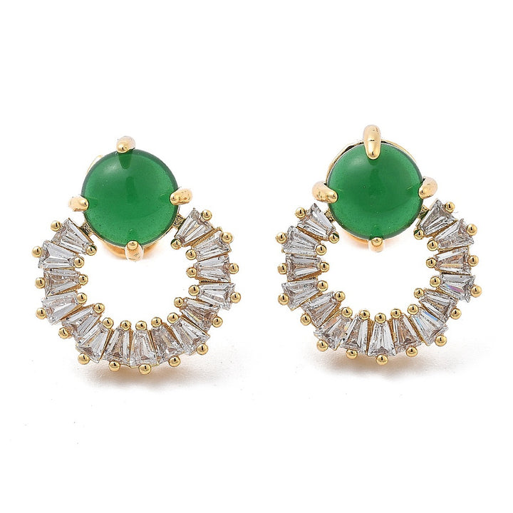Kennedy CollectiveBrass Micro Pave Clear Cubic Zirconia Stud Earrings, with Green Glass, Real 18K Gold Plated, Ring, 17x14mm