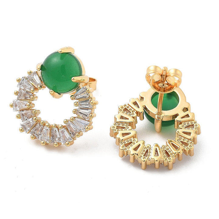 Kennedy CollectiveBrass Micro Pave Clear Cubic Zirconia Stud Earrings, with Green Glass, Real 18K Gold Plated, Ring, 17x14mm