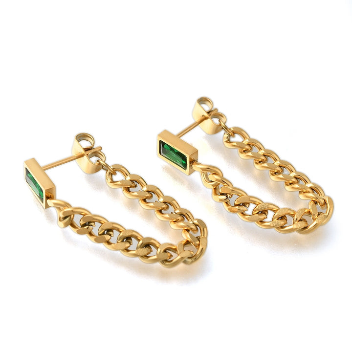 Kennedy Collective Ion Plating(IP) 304 Stainless Stell Studs Earring, with Glass, Curb Chain Charm, Green, Real 18K Gold Plated, 65x4.5mm