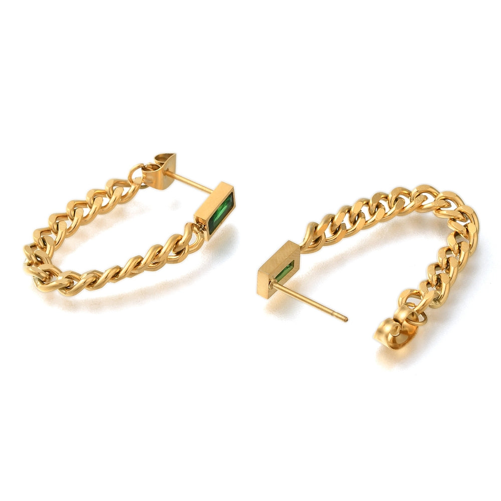 Kennedy Collective Ion Plating(IP) 304 Stainless Stell Studs Earring, with Glass, Curb Chain Charm, Green, Real 18K Gold Plated, 65x4.5mm
