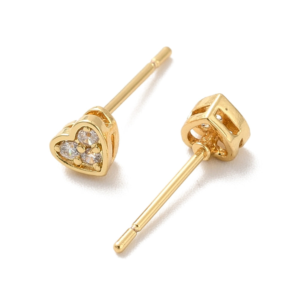 Clear Cubic Zirconia Heart Stud Earrings, Long-Lasting Plated Brass Jewelry for Women, Cadmium Free & Lead Free, Real 18K Gold Plated, 4x4.5mm, Pin: 1mm
