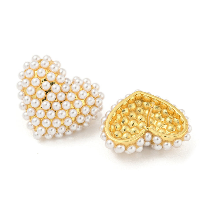 Kennedy Collective Rack Plating Brass & ABS Plastic Imitation Pearl Stud Earrings, Long-Lasting Plated, Real 18K Gold Plated, Heart, 21x24mm