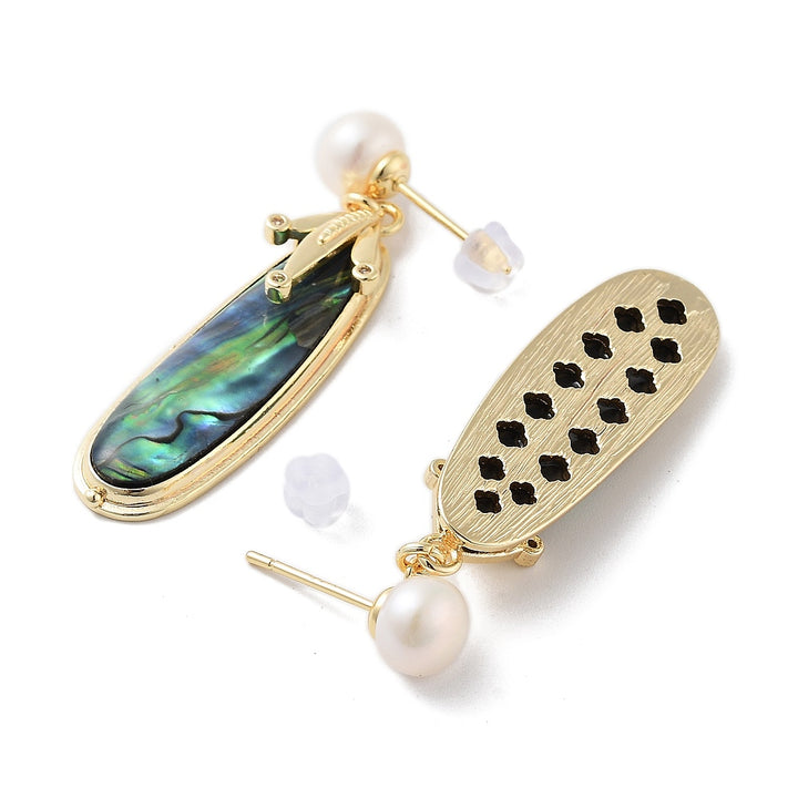 Pearl & Paua Shell Dangle Stud Earrings, with Brass Micro Pave Cubic Zirconia Findings and 925 Sterling Silver Pins, Oval, Real 14K Gold Plated, 45x10.5mm